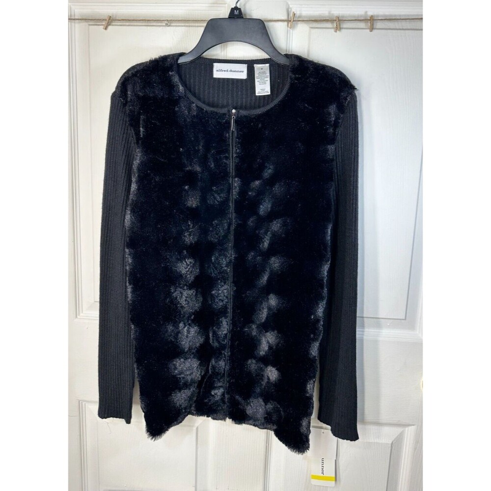 Alfred Dunner Jacket Women Size Medium Knit Full Zip Faux Fur Front Black